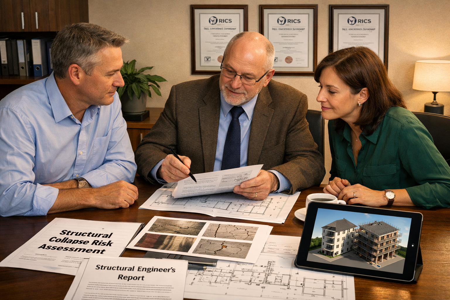 () detailed scene showing party wall award documentation meeting with building owner, adjoining owner, and agreed surveyor