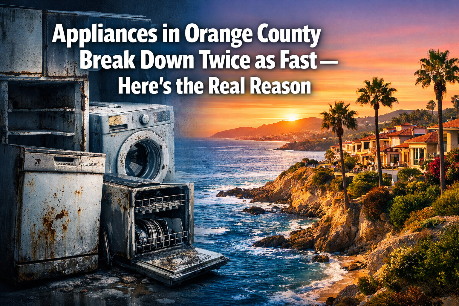 Professional landscape hero image (1536x1024) featuring bold text overlay 'Appliances in Orange County Break Down Twice as Fast — Here's the