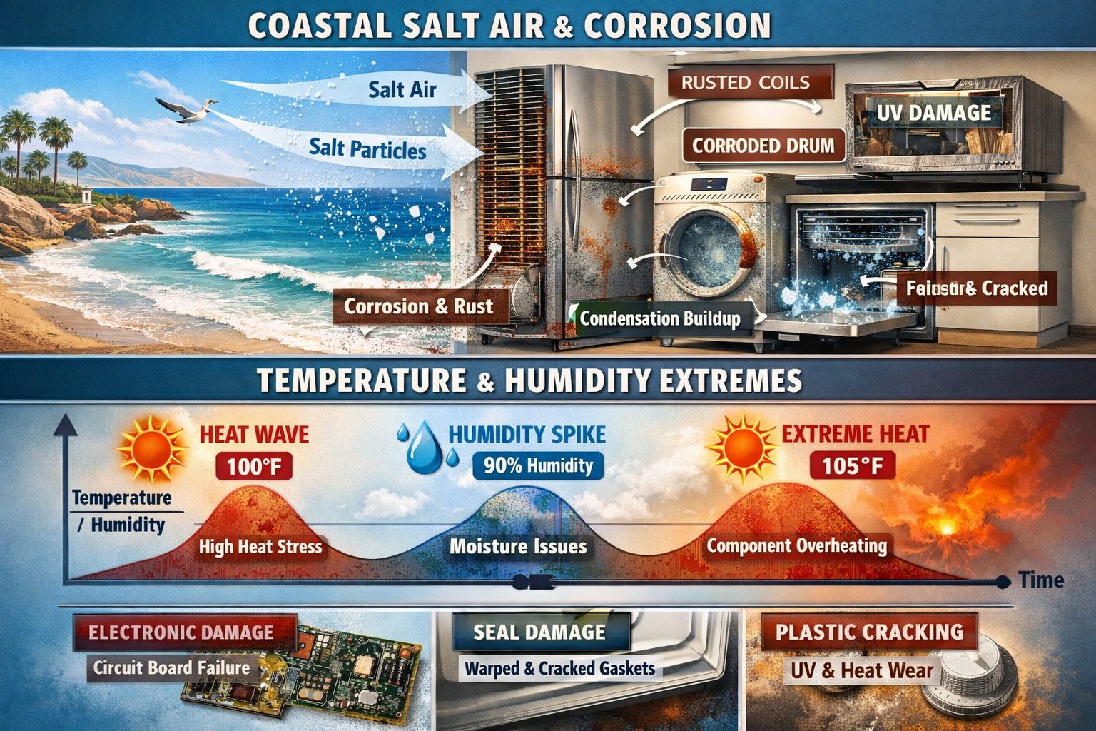 Detailed landscape infographic (1536x1024) showing Orange County environmental factors affecting appliances. Split-screen composition: top h