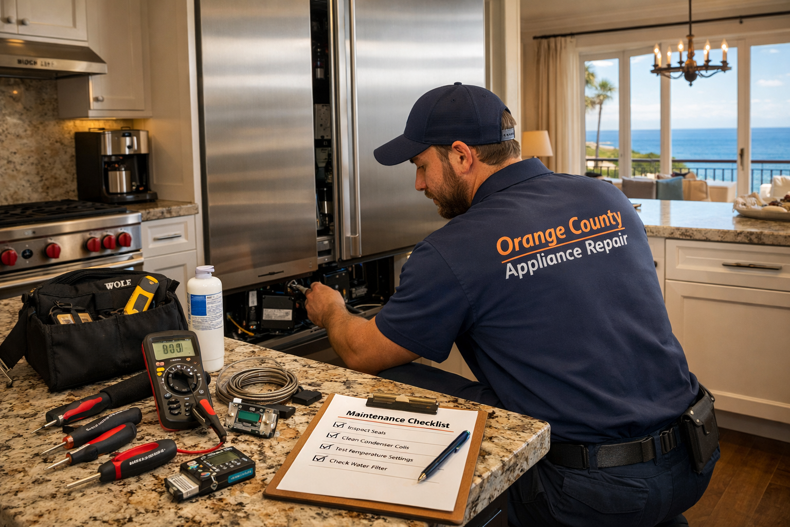Professional landscape photograph (1536x1024) showcasing appliance repair technician working on high-end refrigerator in modern Orange Count