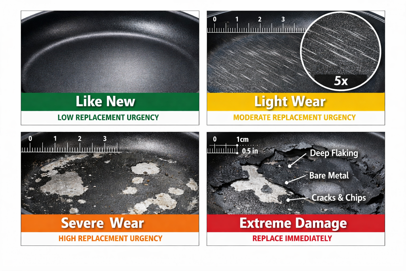 () detailed diagnostic infographic showing four close-up quadrants of non-stick pan surfaces at different damage stages. Top