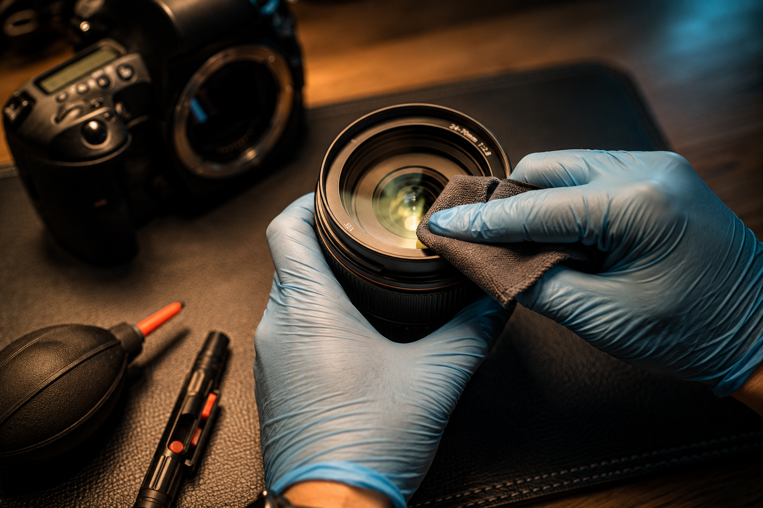 Safe step-by-step workflow for using a camera cleaning kit on a lens