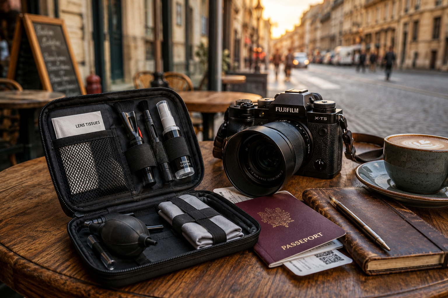 Compact camera cleaning kit packed for travel photography