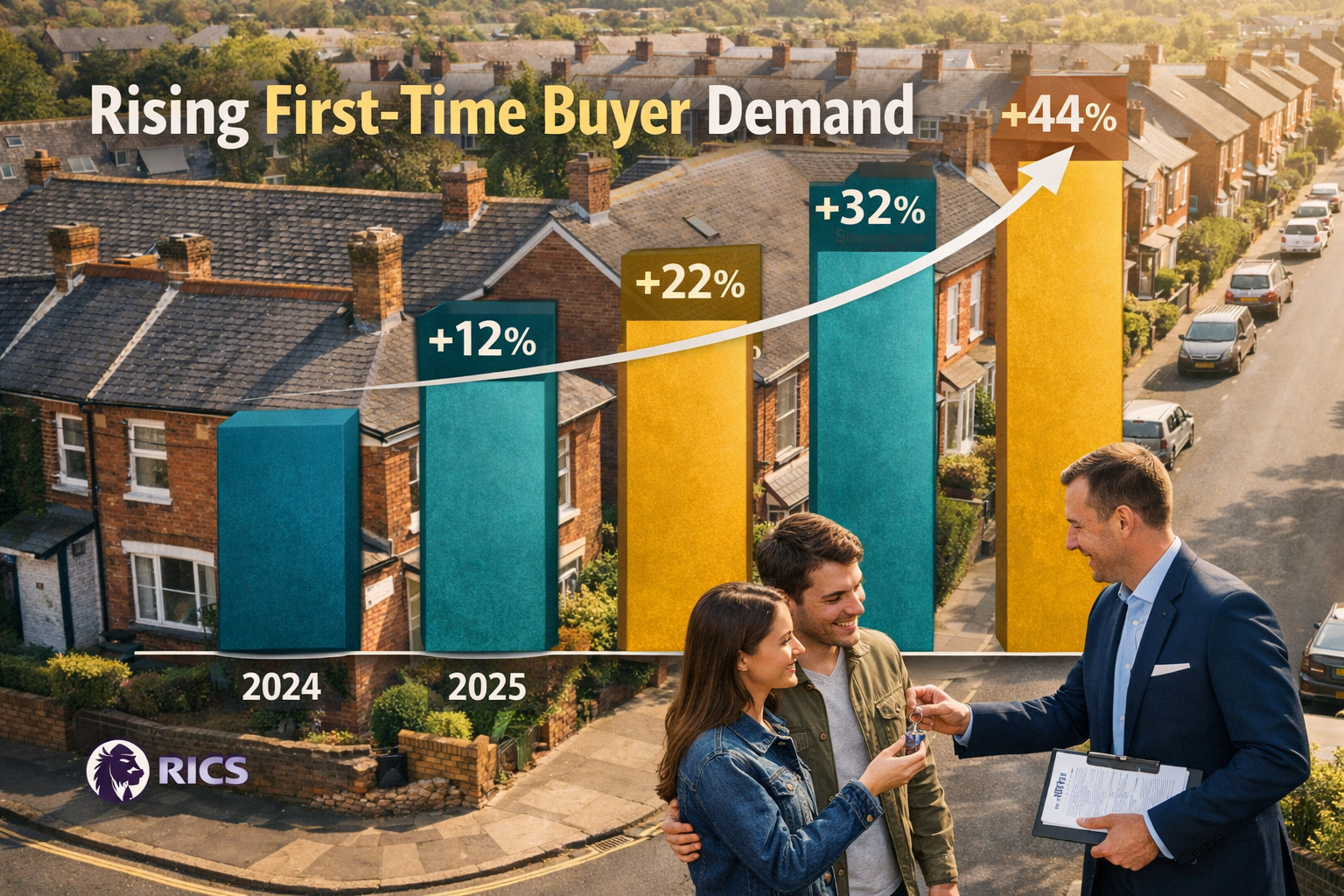 () editorial infographic-style image showing a rising bar chart overlaid on a British residential street scene with