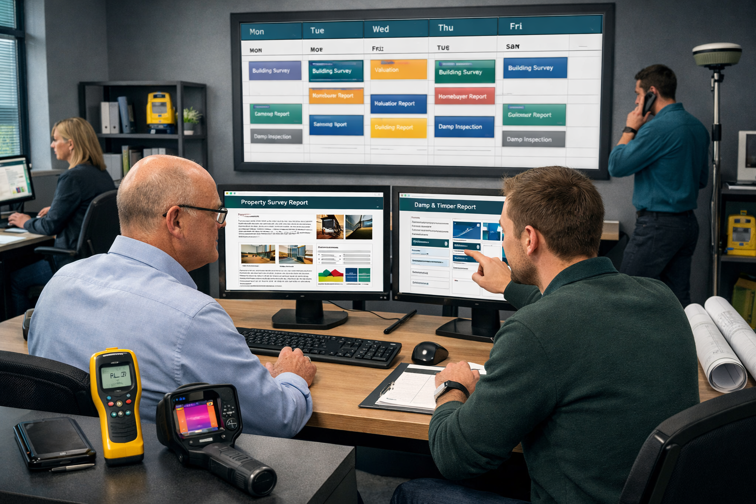 () showing a modern surveying firm operations hub: a wide-angle view of a professional office with two chartered surveyors