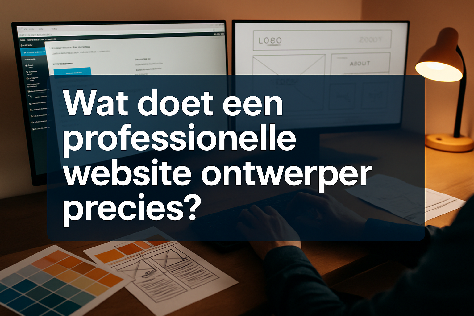 Professional landscape hero image (1536x1024) featuring bold text overlay 'Wat doet een professionele website ontwerper precies?' in extra l