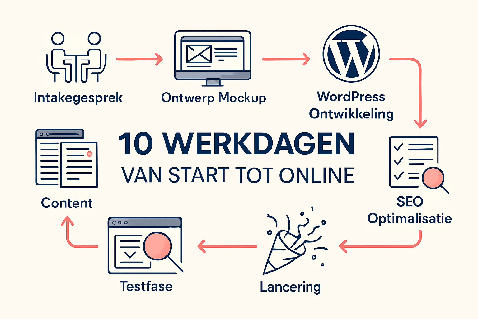 Detailed infographic-style image (1536x1024) showing website project timeline flowchart: intake meeting icon, design mockup phase, WordPress