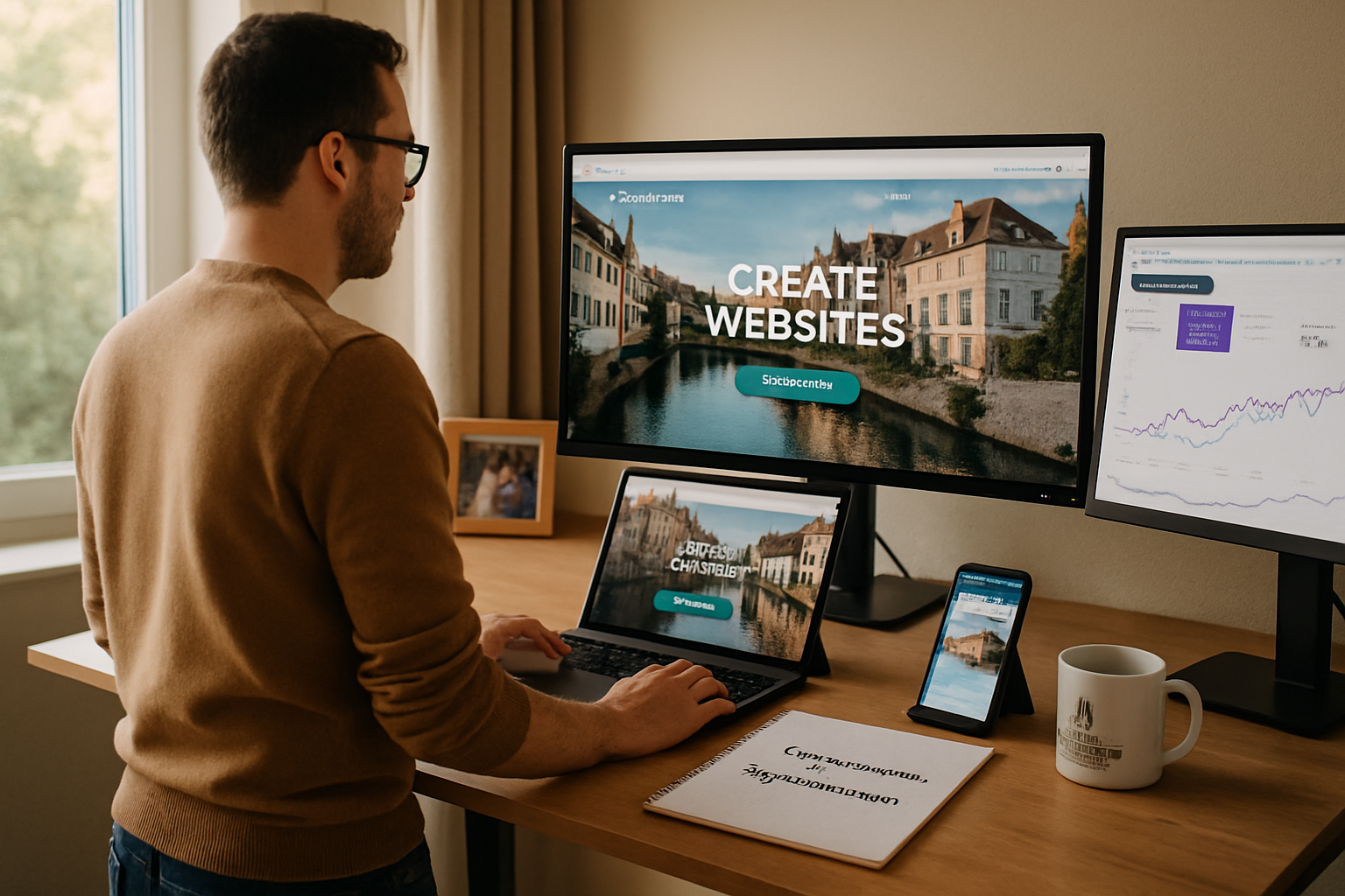 Landscape composition (1536x1024) featuring professional designer at standing desk with multiple screens: main monitor showing beautiful Wor