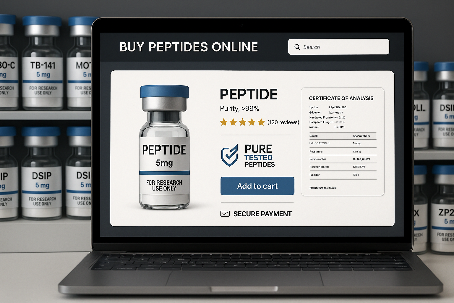 A highly secure and professional e-commerce website interface for buying research peptides online, focusing on user reviews, certificates of