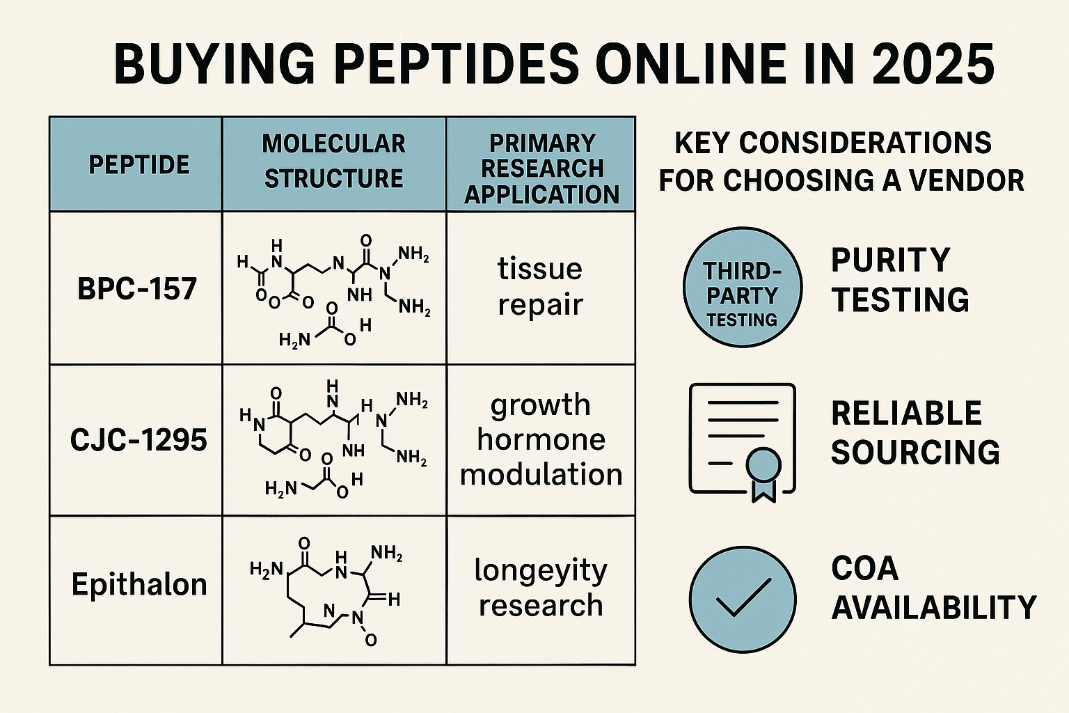 An illustrative infographic comparing different types of peptides available for purchase online (e.g., BPC-157, CJC-1295, Epithalon) with sm
