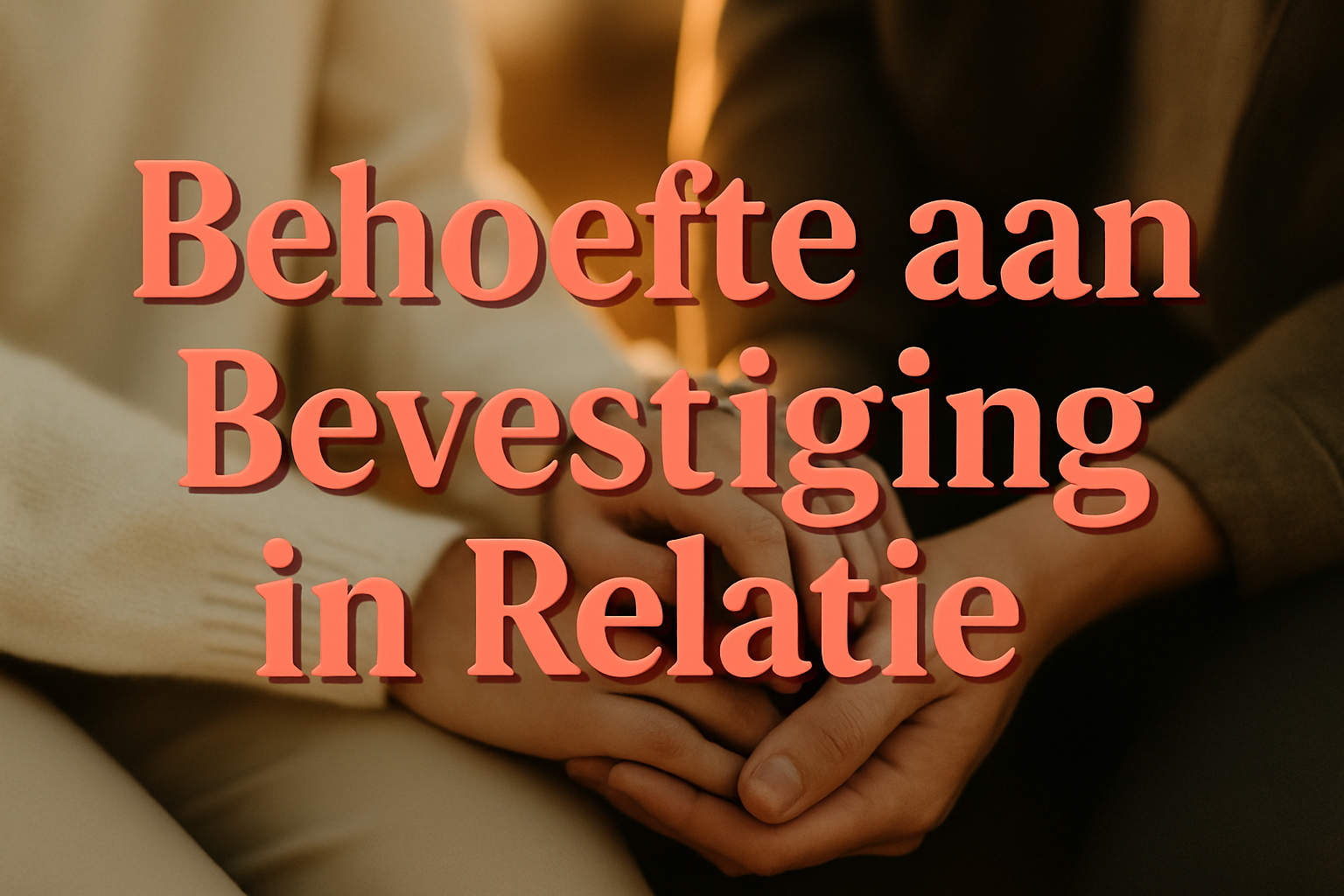 Professional landscape hero image (1536x1024) featuring bold text overlay "Behoefte aan Bevestiging in Relatie" in extra large 72pt warm cor