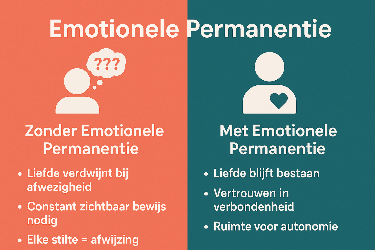 Professional landscape infographic (1536x1024) for section "Emotionele Permanentie". Type: Comparison Visual. Split-screen design with verti