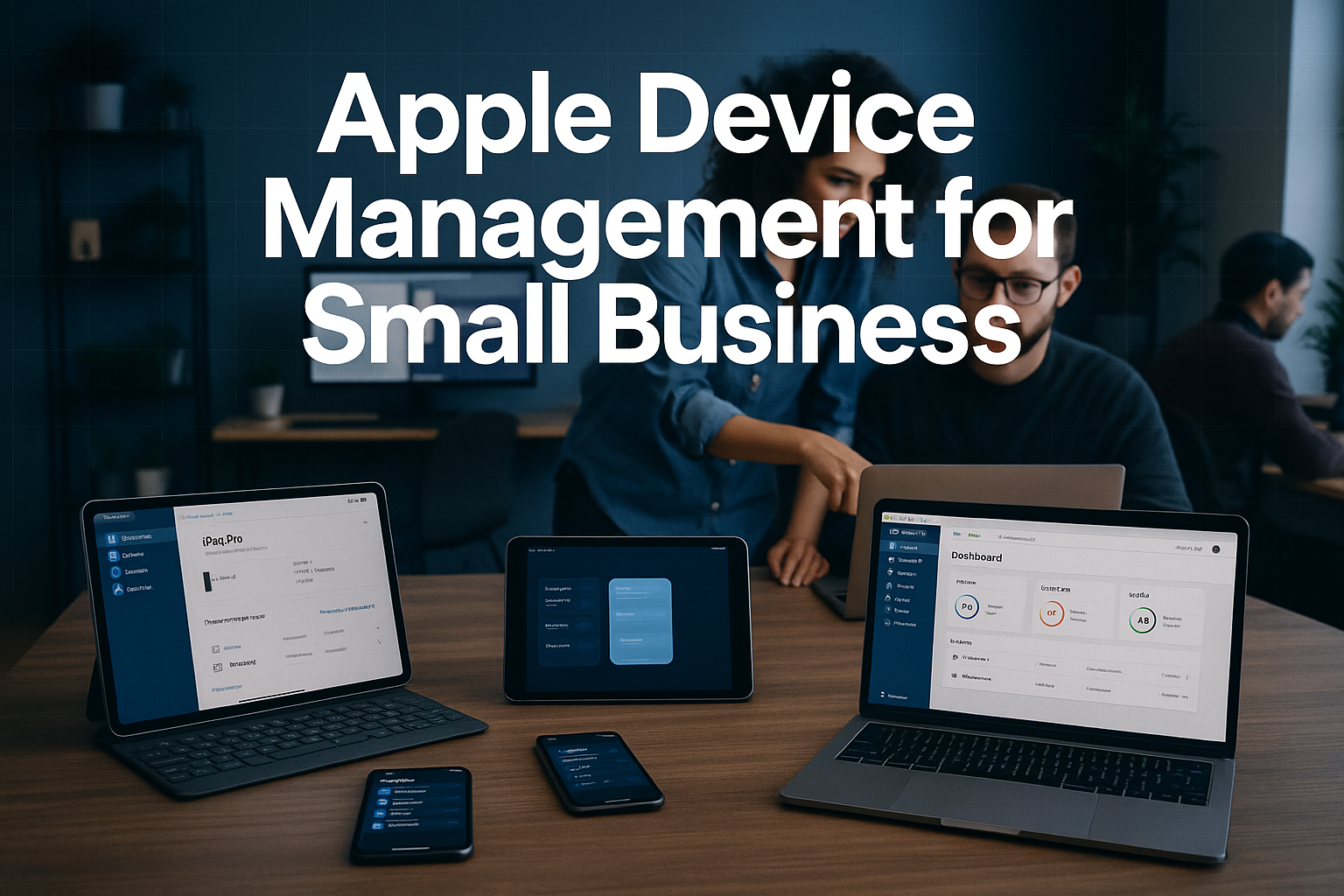 Professional landscape hero image (1536x1024) featuring bold text overlay 'Apple Device Management for Small Business' in extra large 72pt w