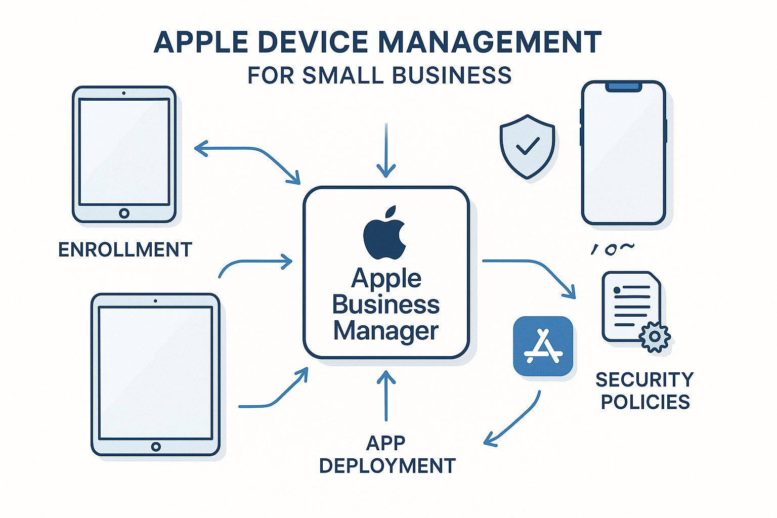 Detailed infographic showing Apple device management workflow for small business - central hub with Apple Business Manager logo connected to