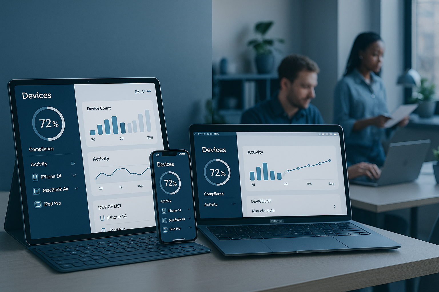 Editorial-style photographic composition showing a modern small business workspace with multiple Apple devices (iPad Pro, iPhone 14, MacBook