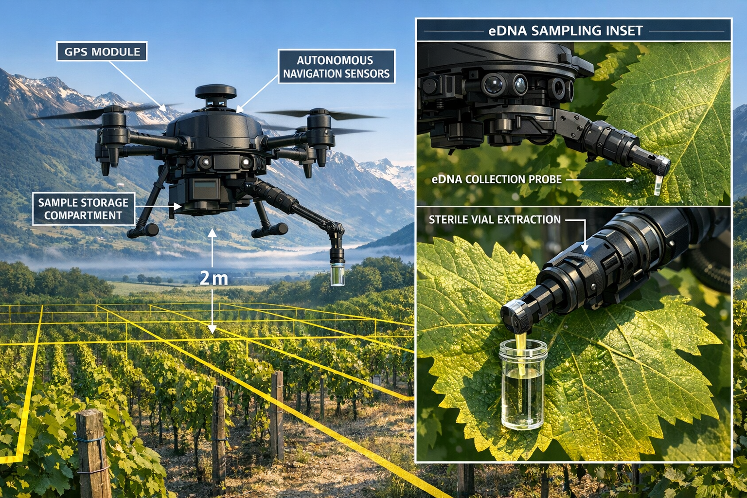 () detailed technical illustration showing autonomous quadcopter drone with extended sampling arm hovering 2 meters above