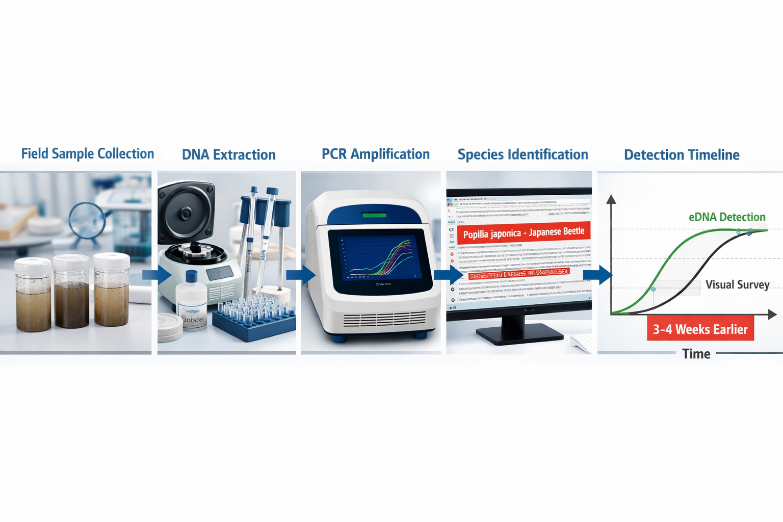 () scientific laboratory scene showing eDNA analysis workflow as horizontal process diagram, left to right sequence: field