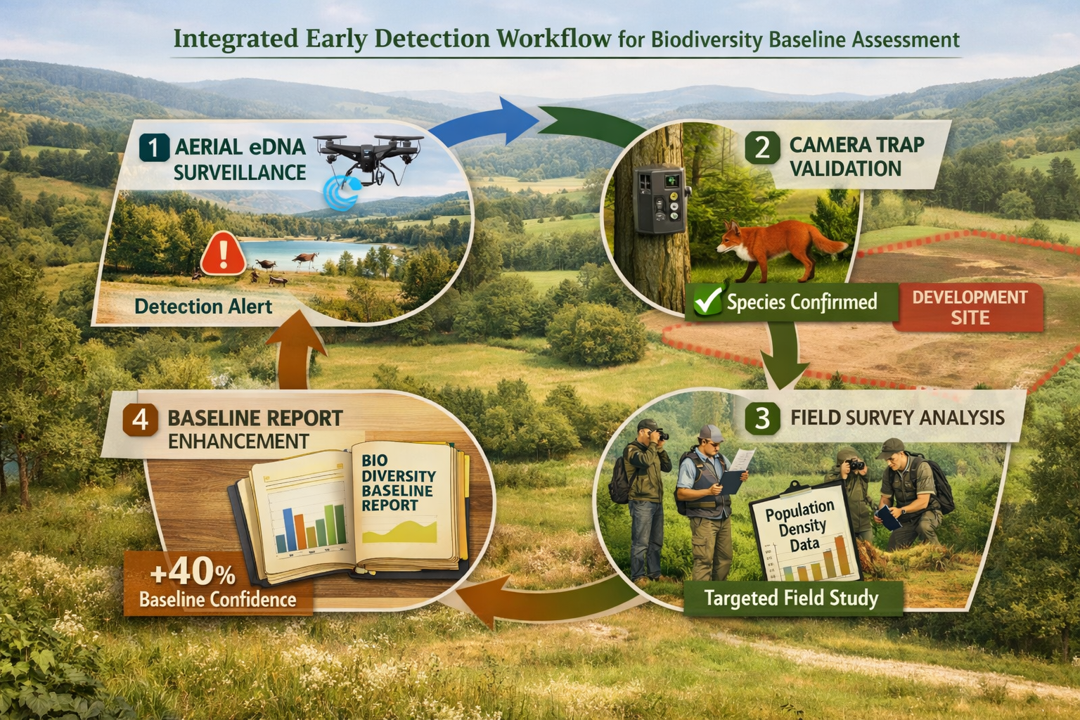 () conceptual infographic illustration showing integrated early detection workflow for biodiversity baseline assessments,