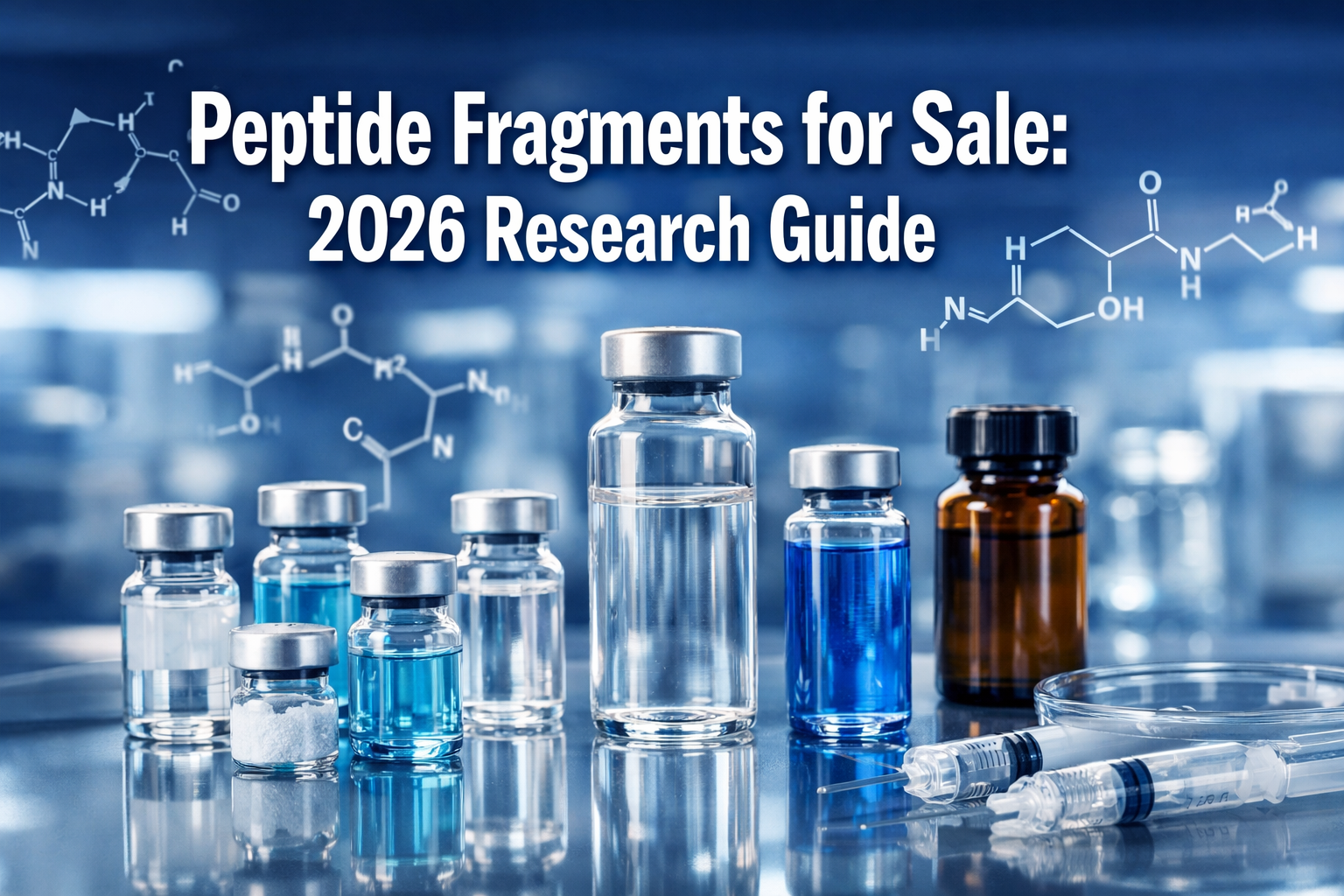 Professional landscape format (1536x1024) hero image featuring bold text overlay 'Peptide Fragments for Sale: 2026 Research Guide' in extra 
