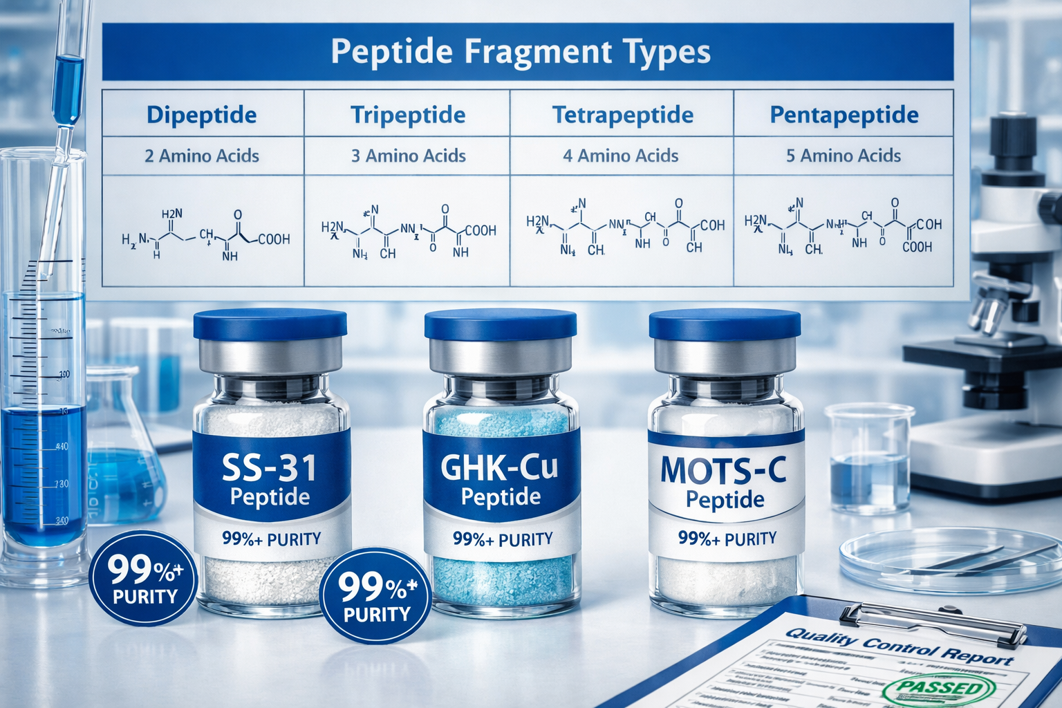 Landscape format (1536x1024) detailed illustration showing comparison chart of different peptide fragment types with molecular structure dia
