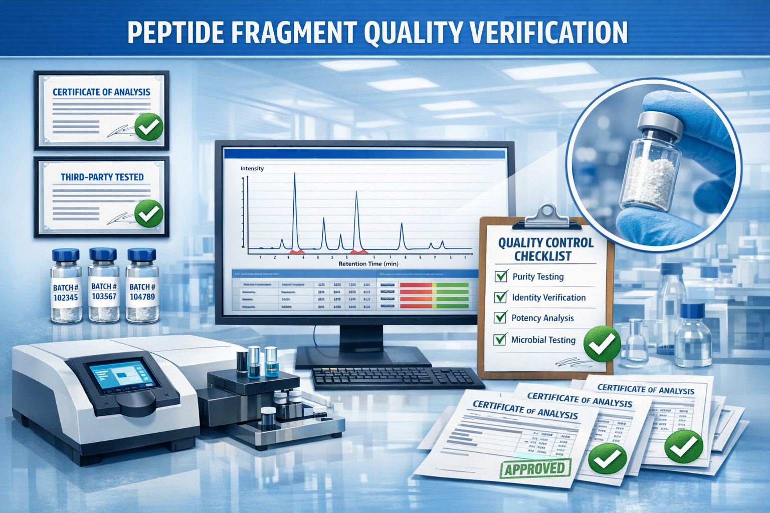 Landscape format (1536x1024) infographic-style image displaying peptide fragment quality verification process with third-party testing certi