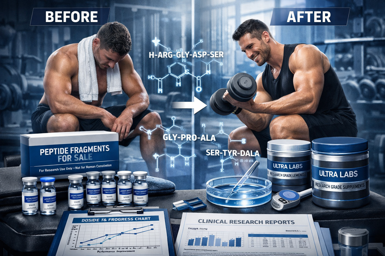 Landscape format (1536x1024) conceptual image showing athlete in gym setting with overlay of peptide fragment molecular structures, suppleme