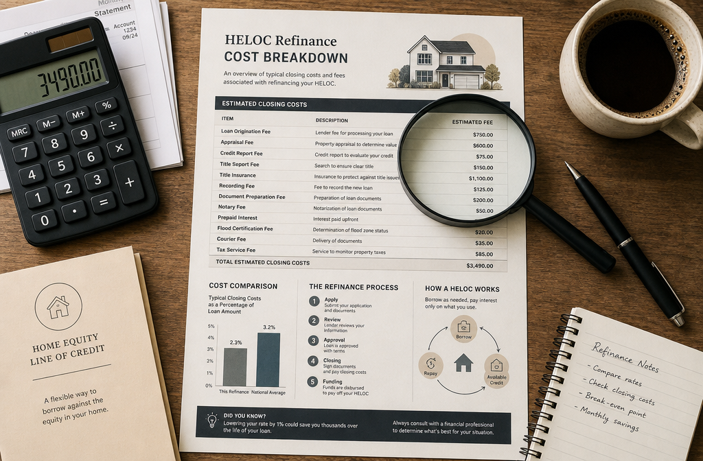() overhead flat-lay shot of a wooden desk with a printed HELOC refinance cost breakdown sheet showing closing cost line