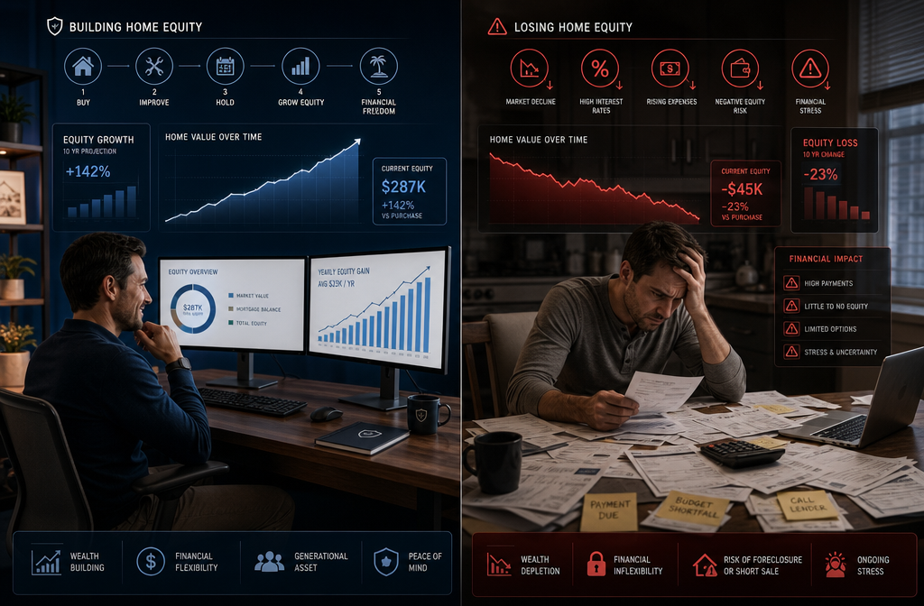 () conceptual split illustration showing two contrasting homeowner scenarios side by side: left panel depicts a confident