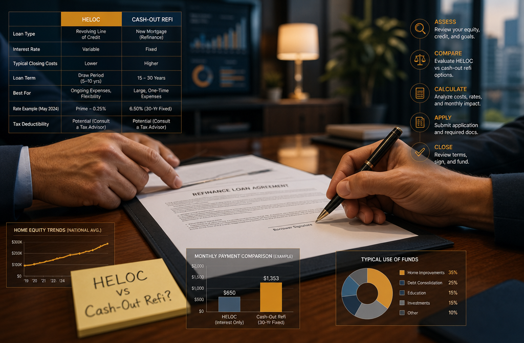 () close-up editorial photograph of two hands holding a pen over a refinance loan agreement document on a polished