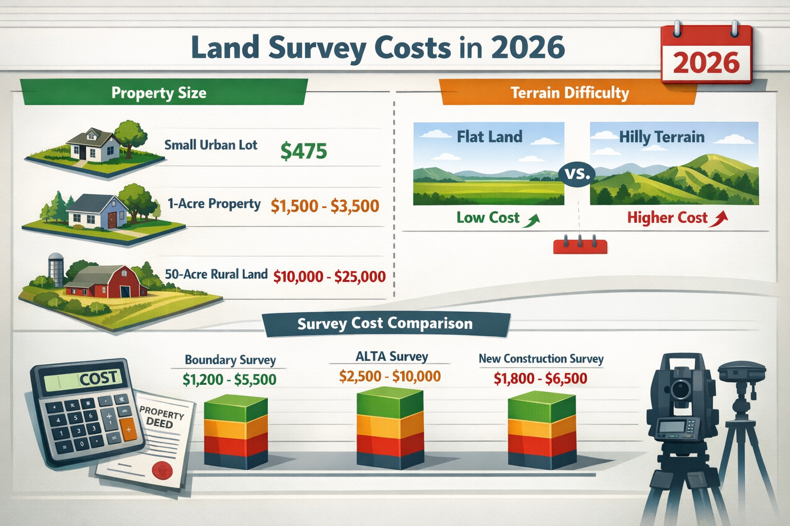 Detailed landscape format (1536x1024) editorial image showing comprehensive cost breakdown infographic for land surveys in 2026. Visual elem
