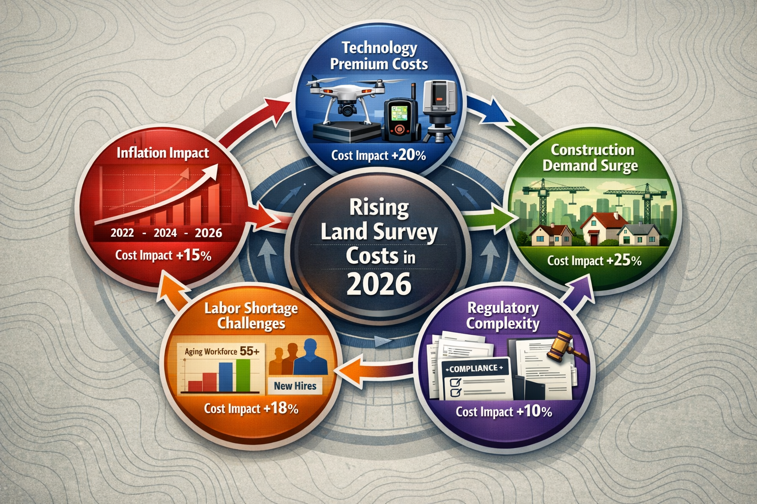 Detailed landscape format (1536x1024) professional illustration showing key factors driving land survey cost increases in 2026. Central circ