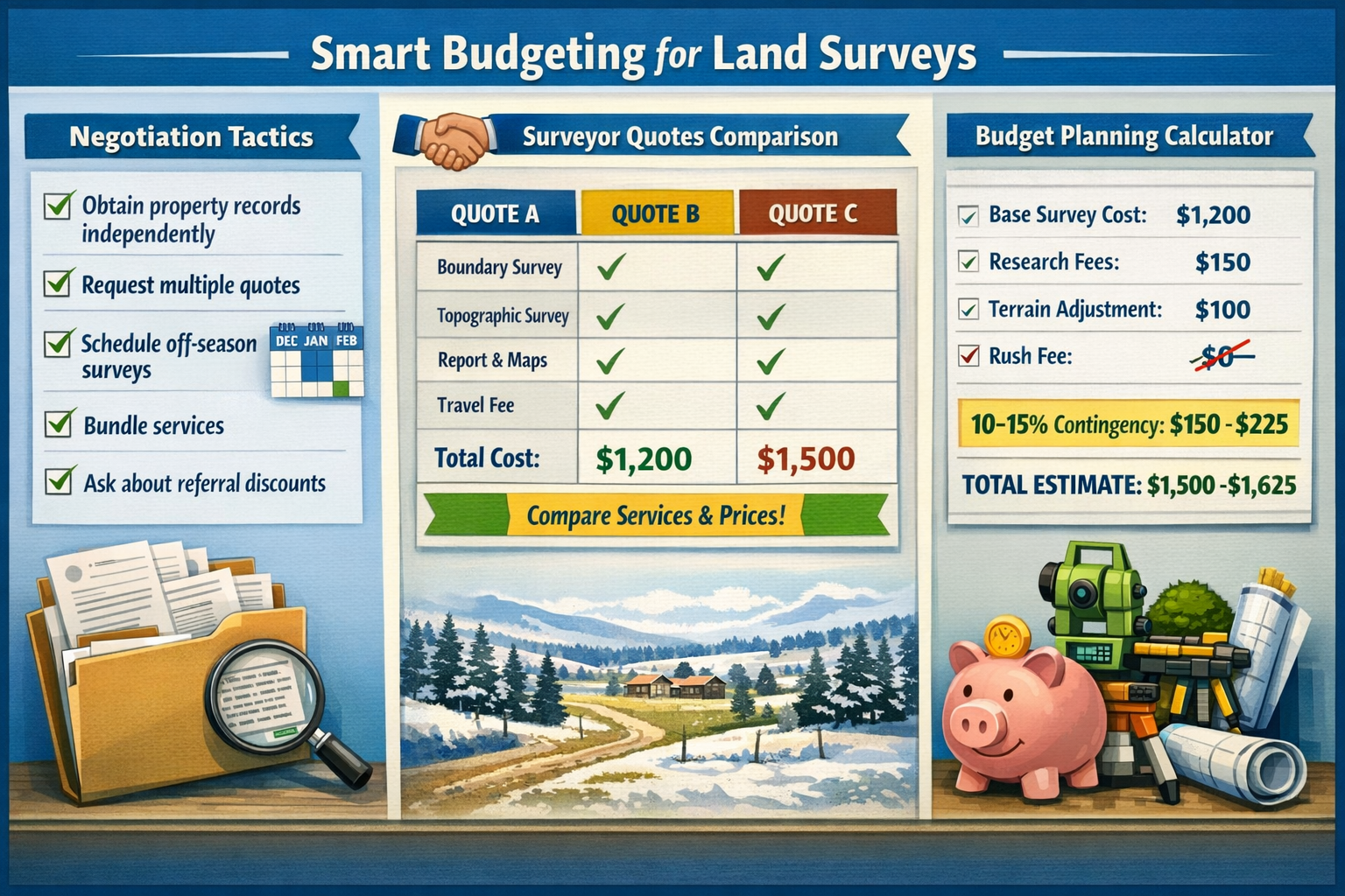 Detailed landscape format (1536x1024) practical guide visual showing smart budgeting strategies for land surveys. Left panel displays negoti