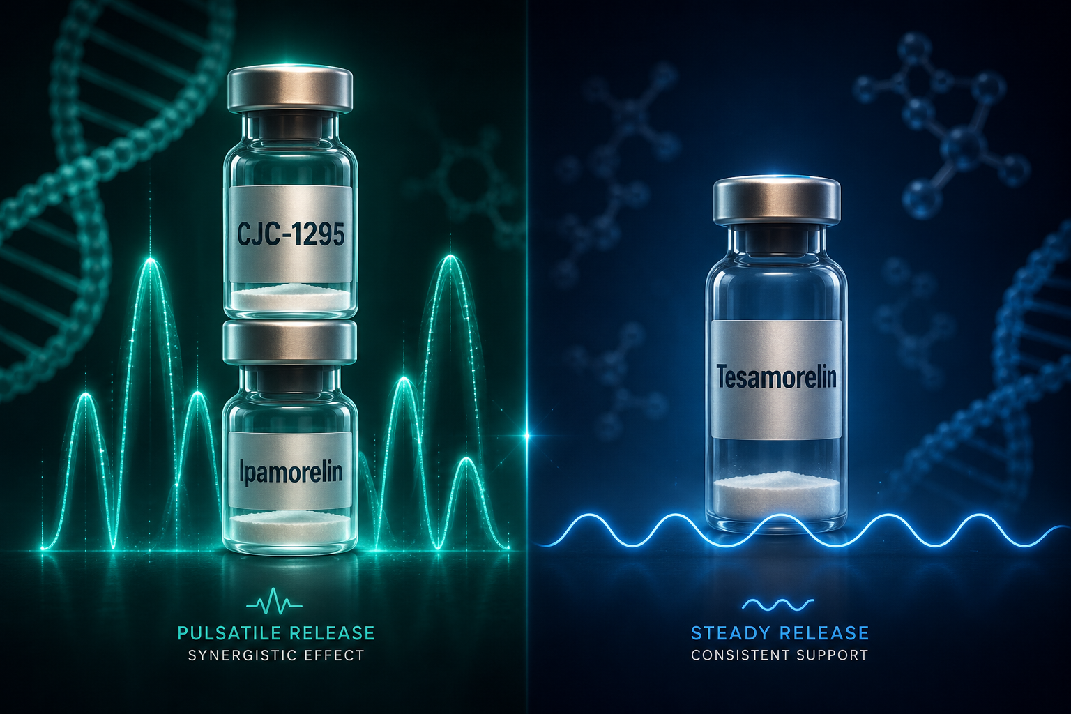 Editorial () split-screen conceptual illustration: left half shows a stylized dual-vial peptide stack labeled 'CJC-1295' and