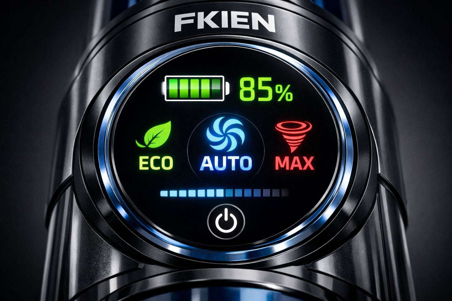 close-up detailed shot of FKIEN vacuum cleaner LED touch screen display showing battery level and suction mode indicators, sharp focus, stud