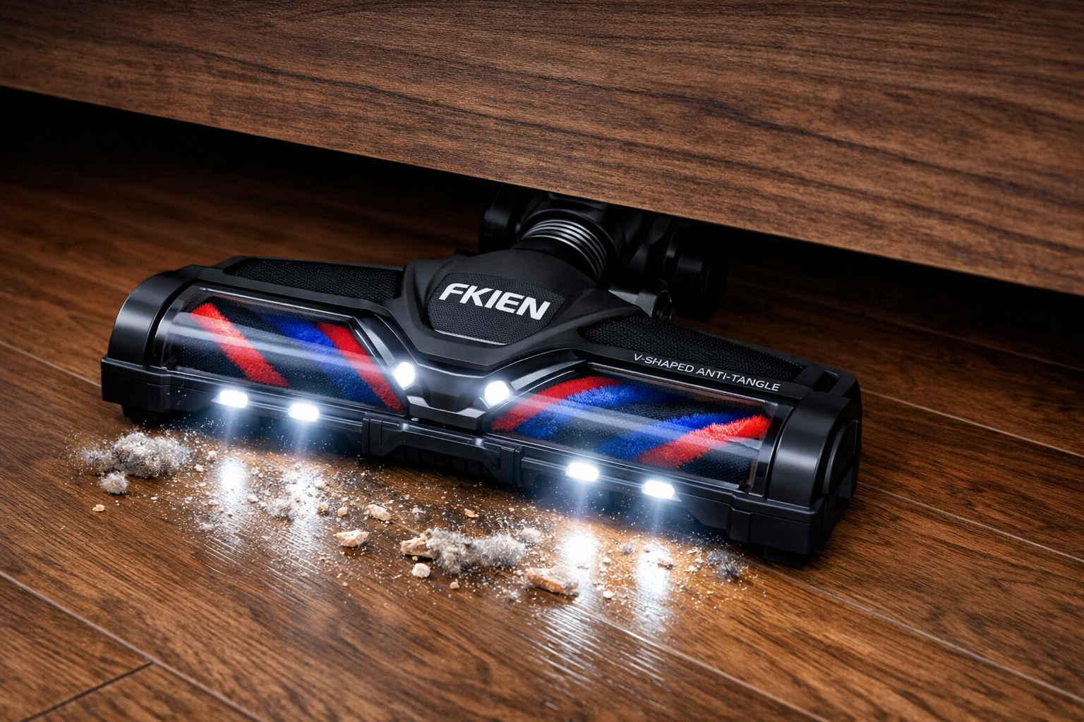 detailed view of FKIEN vacuum V-shaped anti-tangle roller brush head with LED lights illuminating dust underneath furniture on hardwood floo