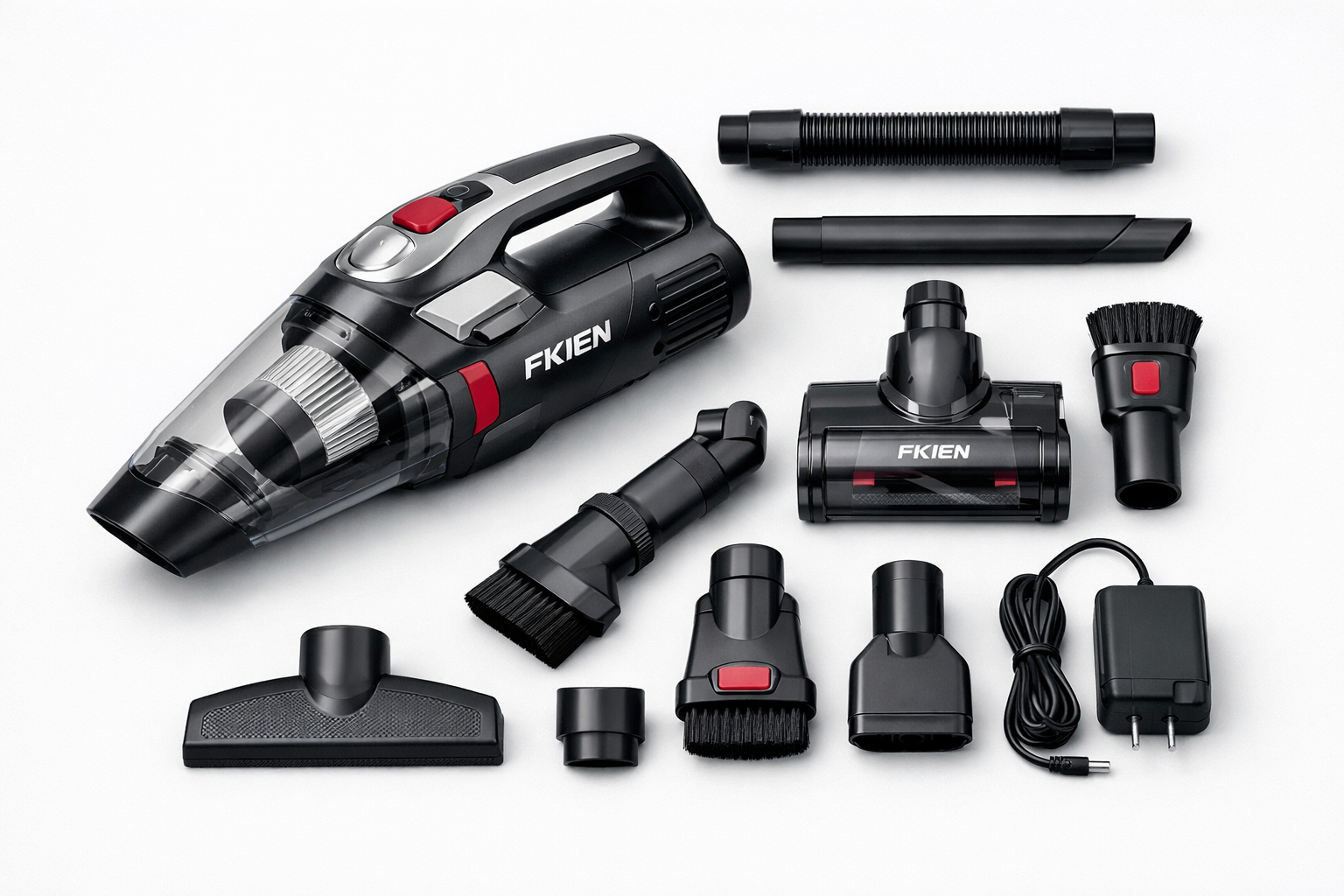 FKIEN cordless vacuum cleaner converted to handheld mode with multiple accessories laid out neatly on a white surface, including crevice too