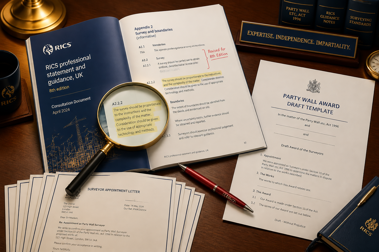 () detailed illustration showing an open RICS 8th Edition consultation document on a mahogany desk beside a party wall award