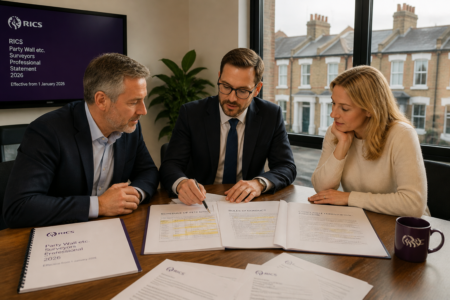 () wide-angle scene of two property owners and a party wall surveyor seated at a conference table reviewing updated 2026