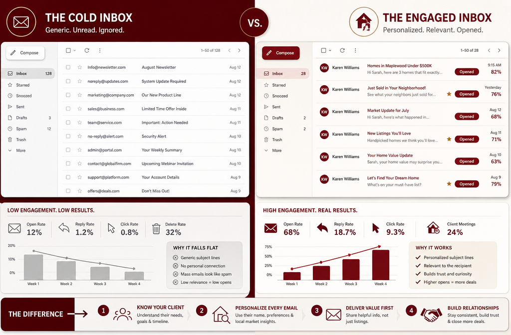 () split-screen illustration showing two email inbox previews side by side &mdash; left side shows a cold unread inbox with