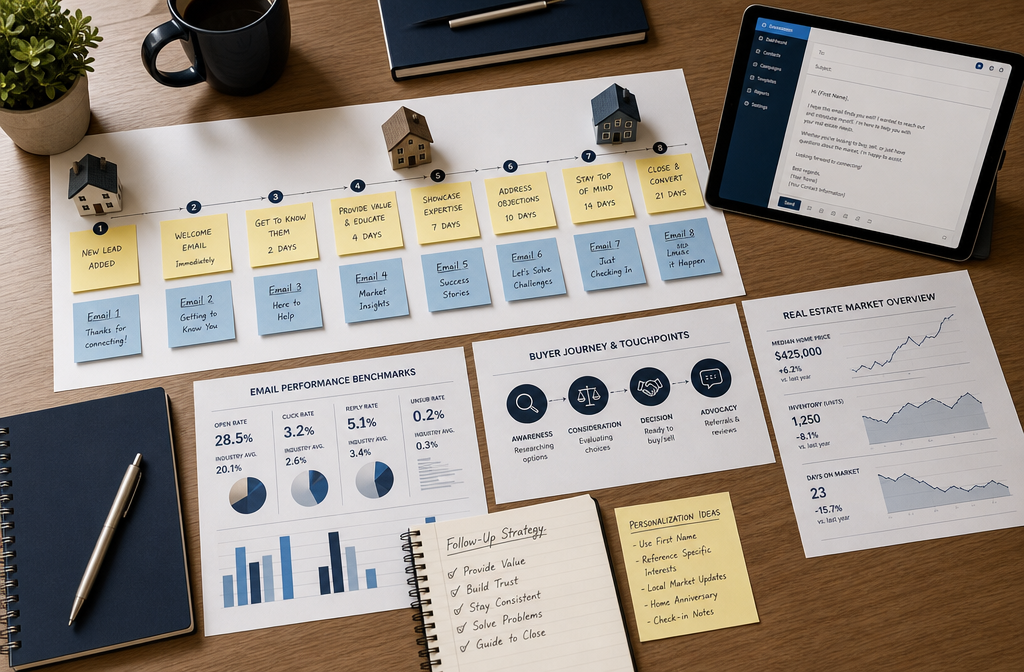 () overhead flat-lay photograph of a real estate agent's desk with a printed email sequence flowchart mapped across multiple