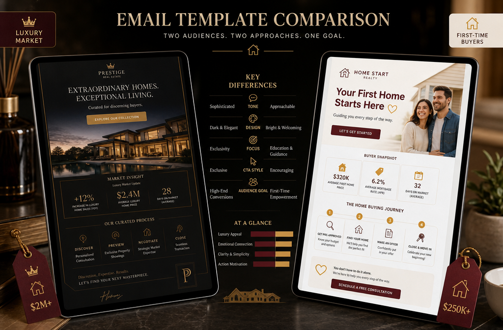 () side-by-side comparison graphic showing two distinct email template designs &mdash; one labeled with a small badge for luxury