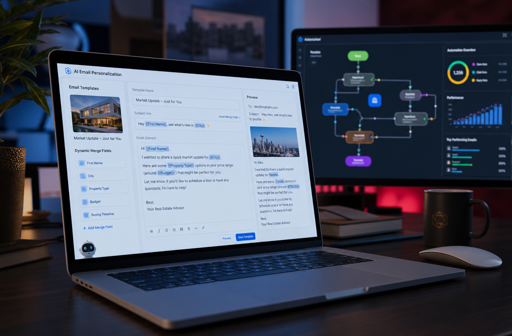 () close-up of a laptop screen showing an AI email personalization dashboard with dynamic merge fields highlighted in real