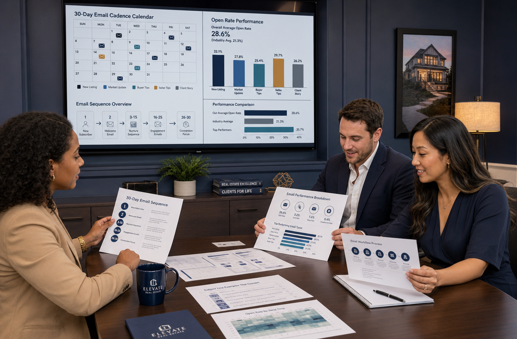 () wide-angle view of a real estate team meeting room with a large wall-mounted screen displaying email cadence calendar and