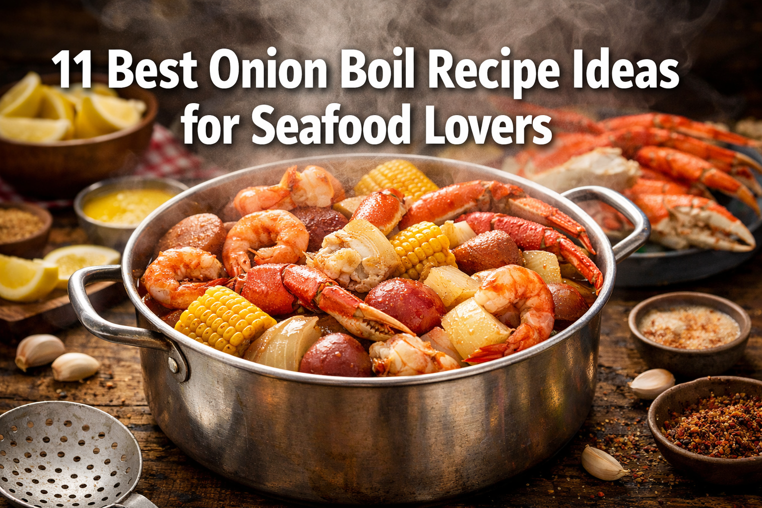Professional landscape hero image (1536x1024) with bold text overlay '11 Best Onion Boil Recipe Ideas for Seafood Lovers' in extra large 72p