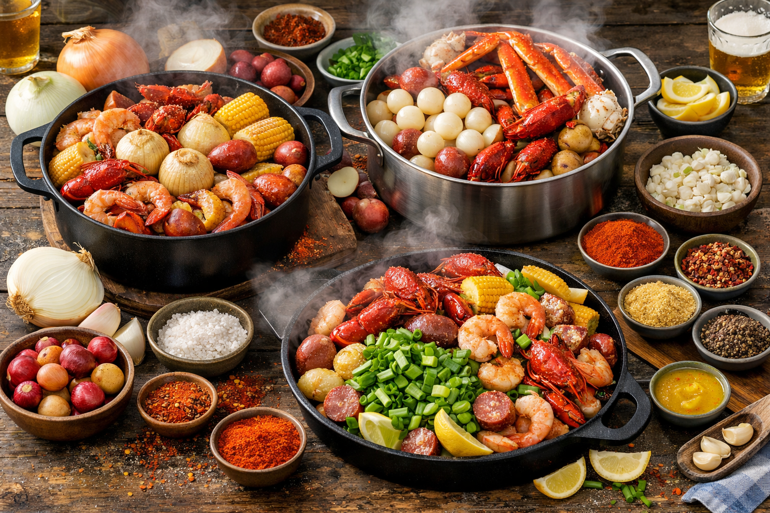 Vibrant seafood boil spread showing multiple pots with different onion varieties (sweet onions, pearl onions, green onions) mixed with shrim