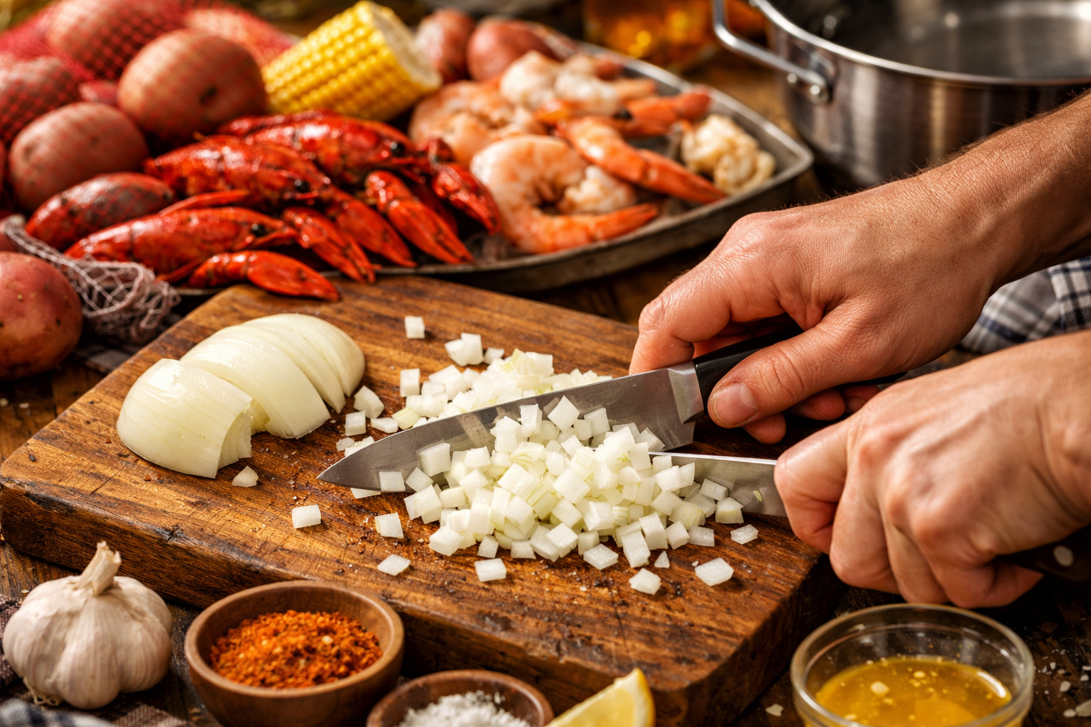 Close-up action shot of hands preparing seafood boil ingredients, chopping onions on wooden cutting board, fresh seafood in background, cook