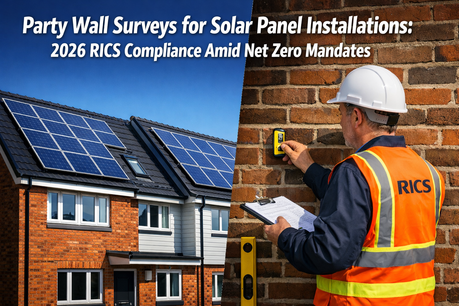 Professional () editorial hero image with 'Party Wall Surveys for Solar Panel Installations: 2026 RICS Compliance Amid Net