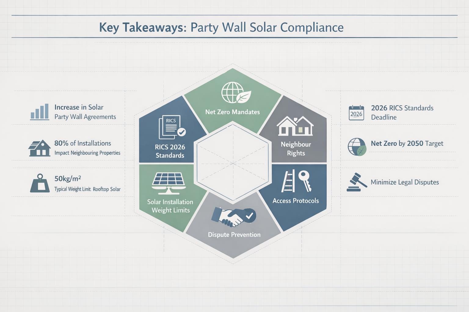 Infographic-style key takeaways graphic for Party Wall Solar Compliance, featuring a central hexagonal diagram with 6