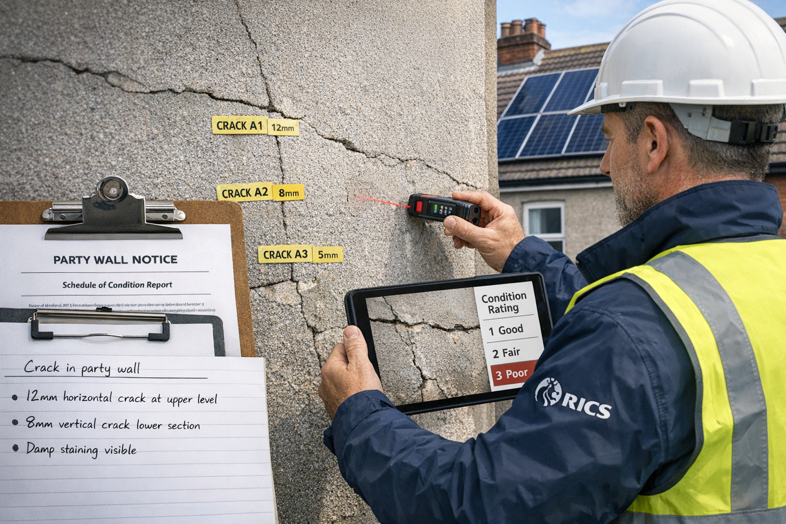 Detailed () professional photograph of RICS chartered surveyor conducting schedule of condition documentation at residential