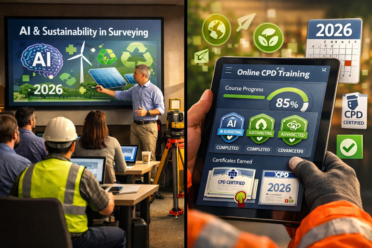 Landscape format (1536x1024) professional photograph showing modern CPD learning environment with surveyor professionals engaged in digital 